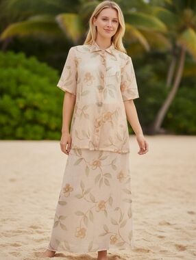 Vintage Vice Versa suit floral print blouse & maxi skirt 2 pieces short sleeve